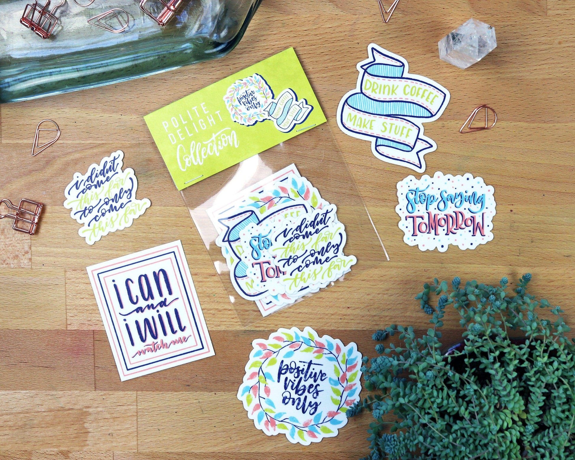 Polite Delight 5 Stickers Collection: Hand Lettered Die Cut Inspirational Quotes Bullet Journal Stickers Set for Journals Planners & Laptops