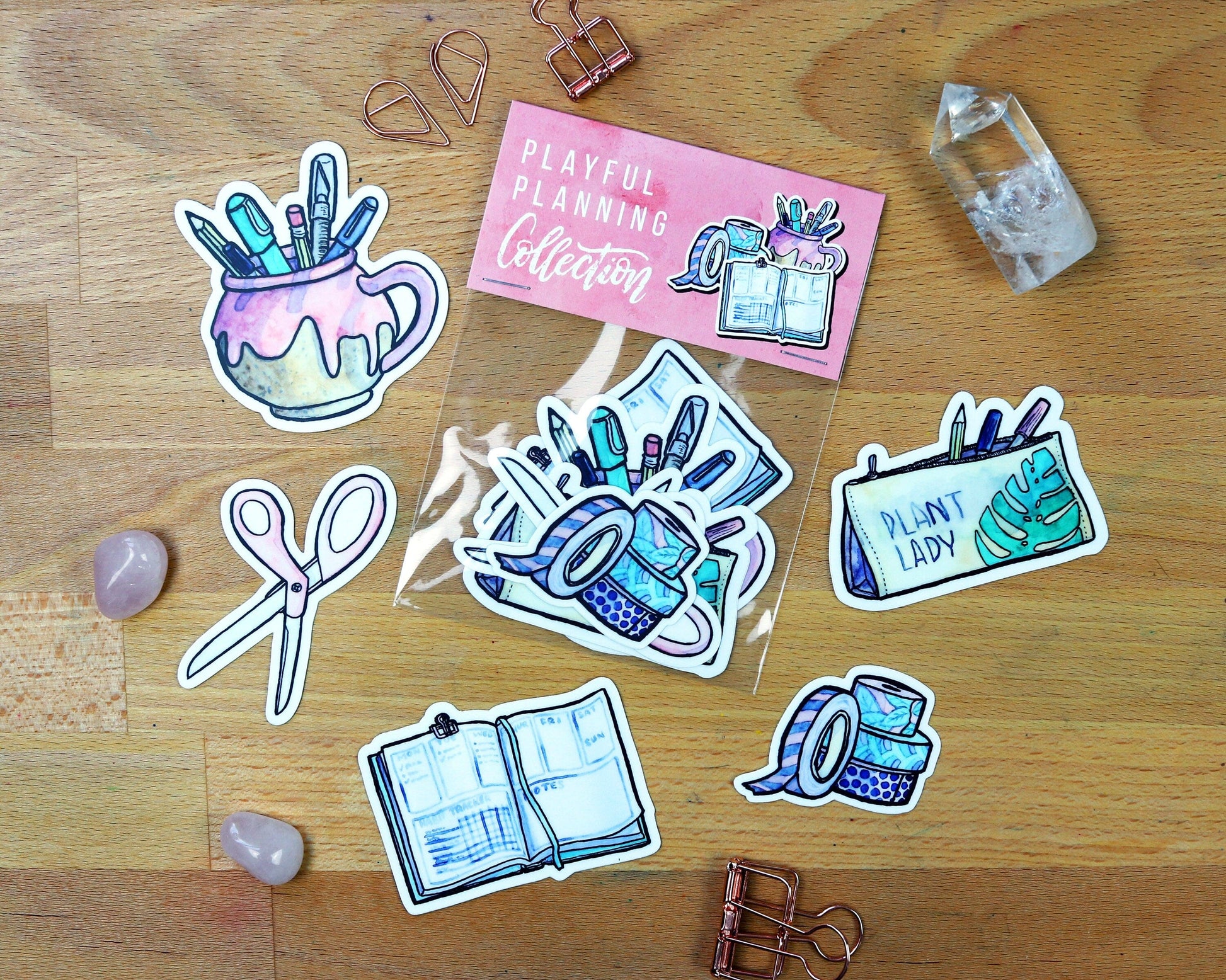Playful Planning 5 Stickers Collection: Fun Hand Painted Die Cut Stationery Art Bullet Journal Stickers Set for Journals, Planners & Laptops